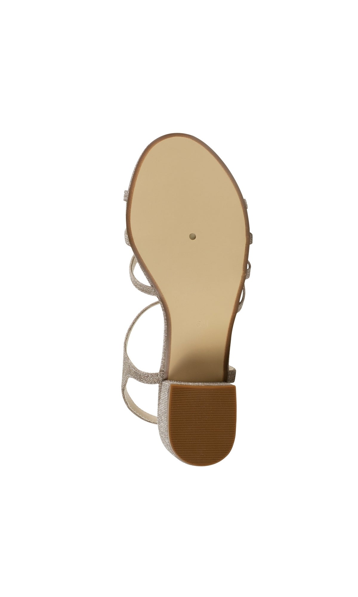 Bottom view of Delilah Champagne Low Heel Strappy Prom Shoes 4594, featuring a flat sole, textured heel, and multiple glittery straps—ideal for your next event.